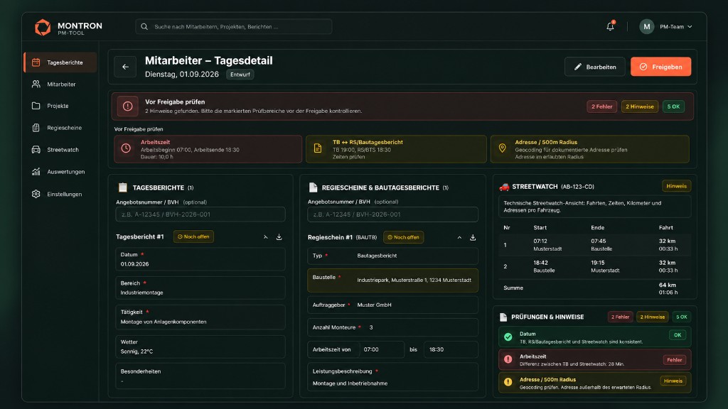 Montron PM-Tool showing day report, time-and-material slip, Streetwatch and validation overview