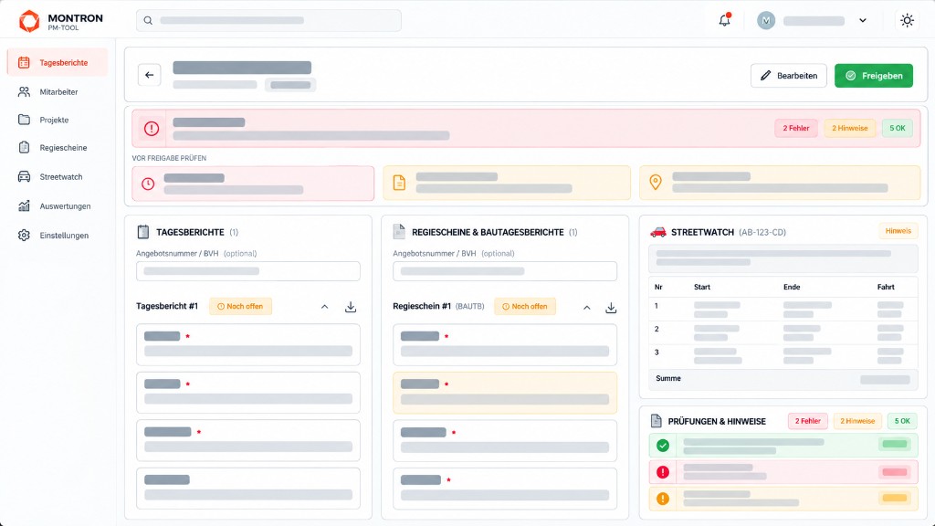 Montron PM-Tool showing day report, time-and-material slip, Streetwatch and validation overview